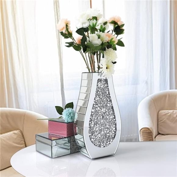 Flower Vase Crushed Diamond Mirrored Vase Crystal Silver Glass Decorative Vase - Picture 5 of 6
